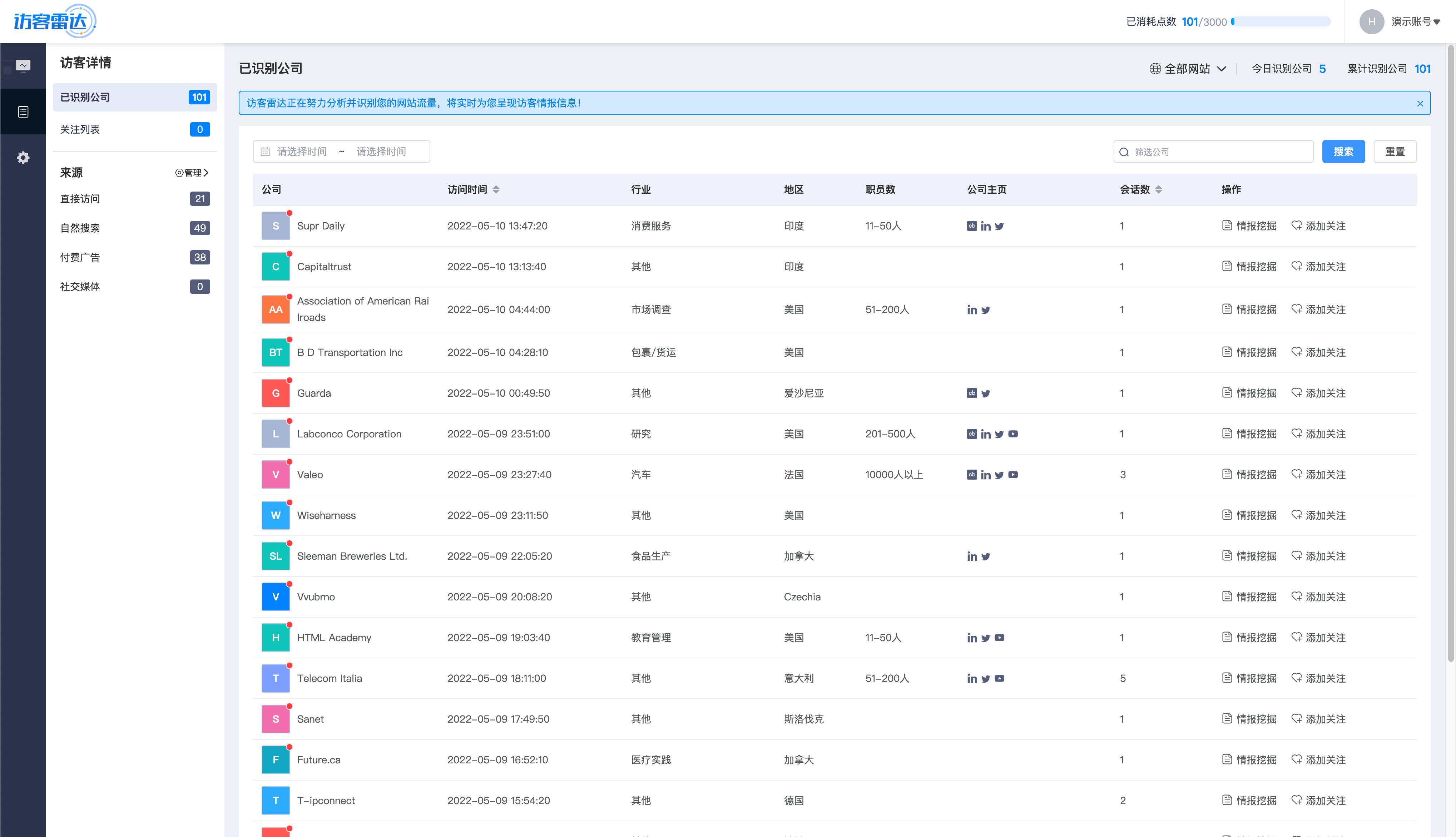 访客雷达识别信息列表